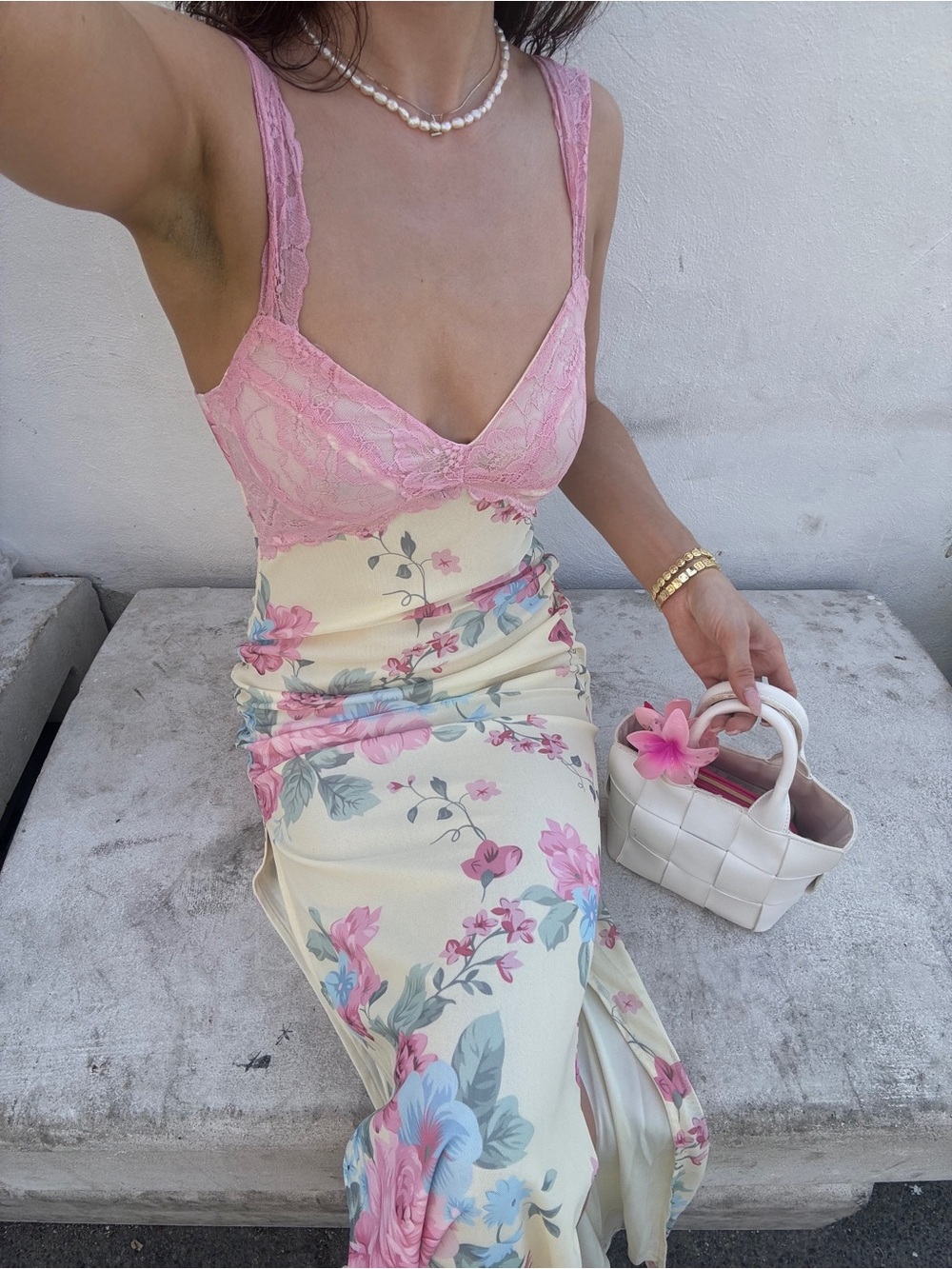 Blue Blush Pink Lace-Trim Floral Maxi Skirt Dress